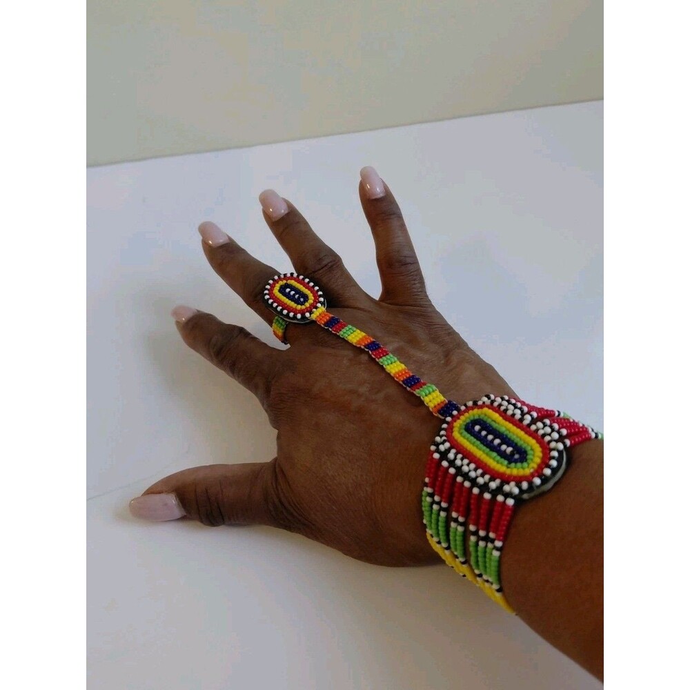 Kenyan Maasai Handmade Multicolor Tribal Beaded Bracelet/Ring Combination